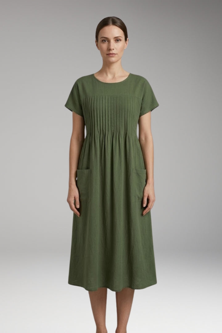 Women’s Midi Dress with Pleated Front and Side Pockets
