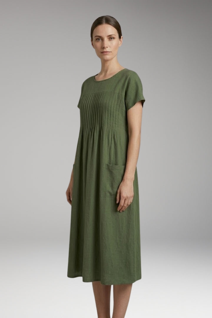 Women’s Midi Dress with Pleated Front and Side Pockets