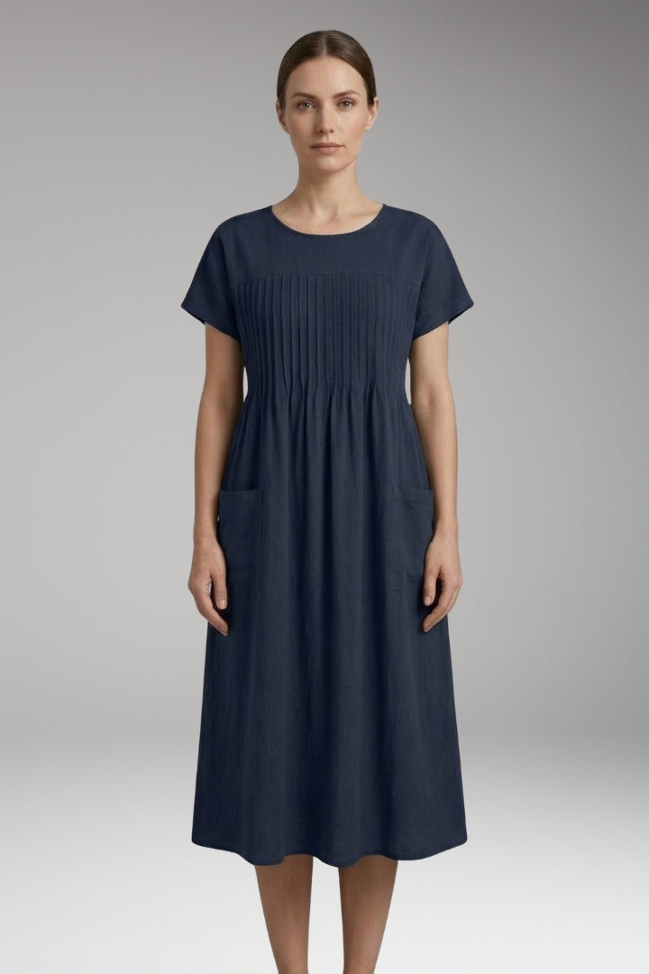 Women’s Midi Dress with Pleated Front and Side Pockets