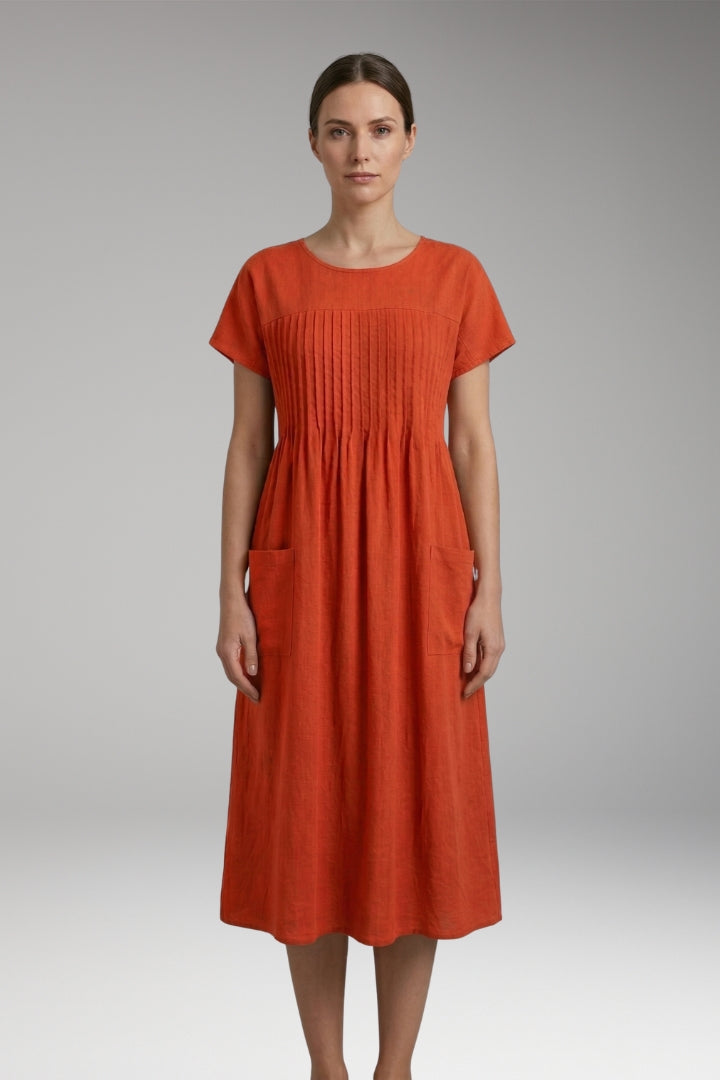 Women’s Midi Dress with Pleated Front and Side Pockets