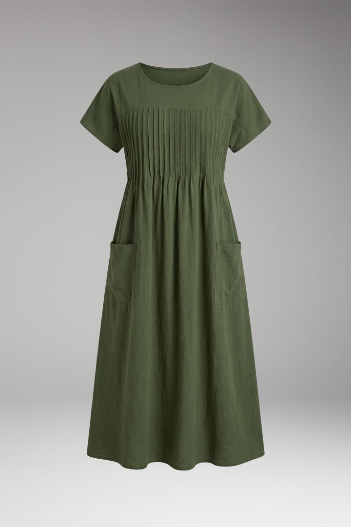 Women’s Midi Dress with Pleated Front and Side Pockets
