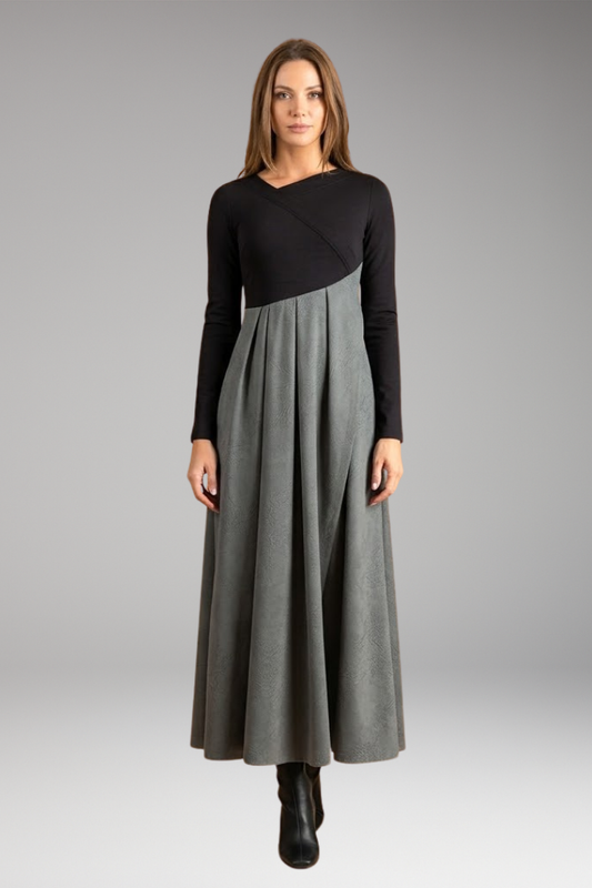 Women's Midi Dress with Pleated Skirt and A-Line Fit