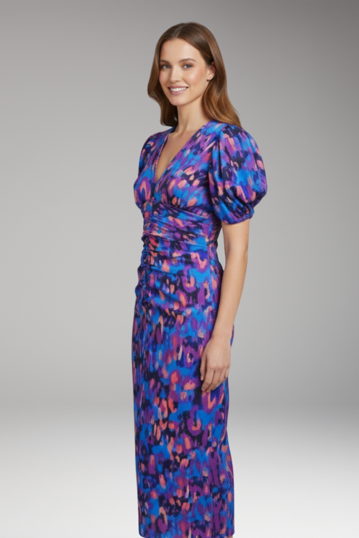 Women's Midi Dress with Puff Sleeves and Printed Pattern