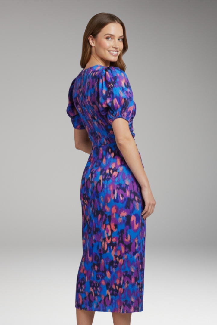 Women's Midi Dress with Puff Sleeves and Printed Pattern