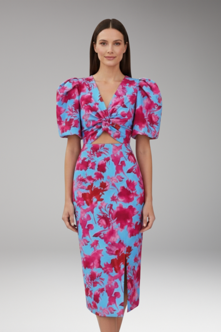 Women's Midi Dress with Puff Sleeves and Printed Pattern