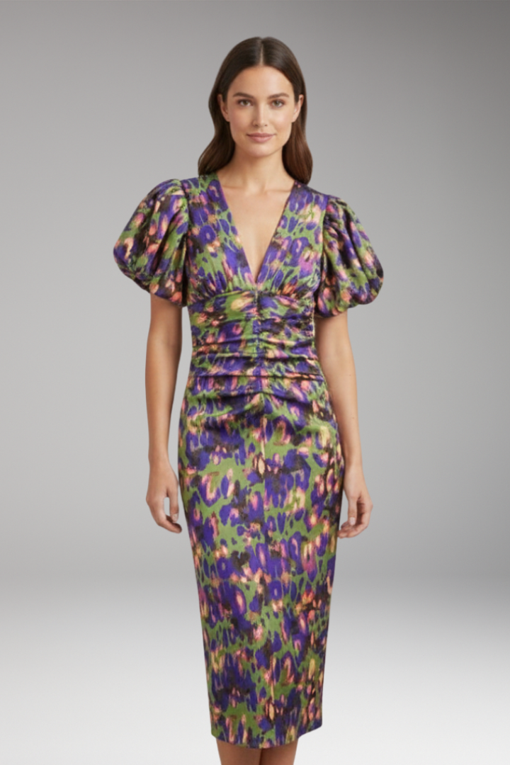 Women's Midi Dress with Puff Sleeves and Printed Pattern