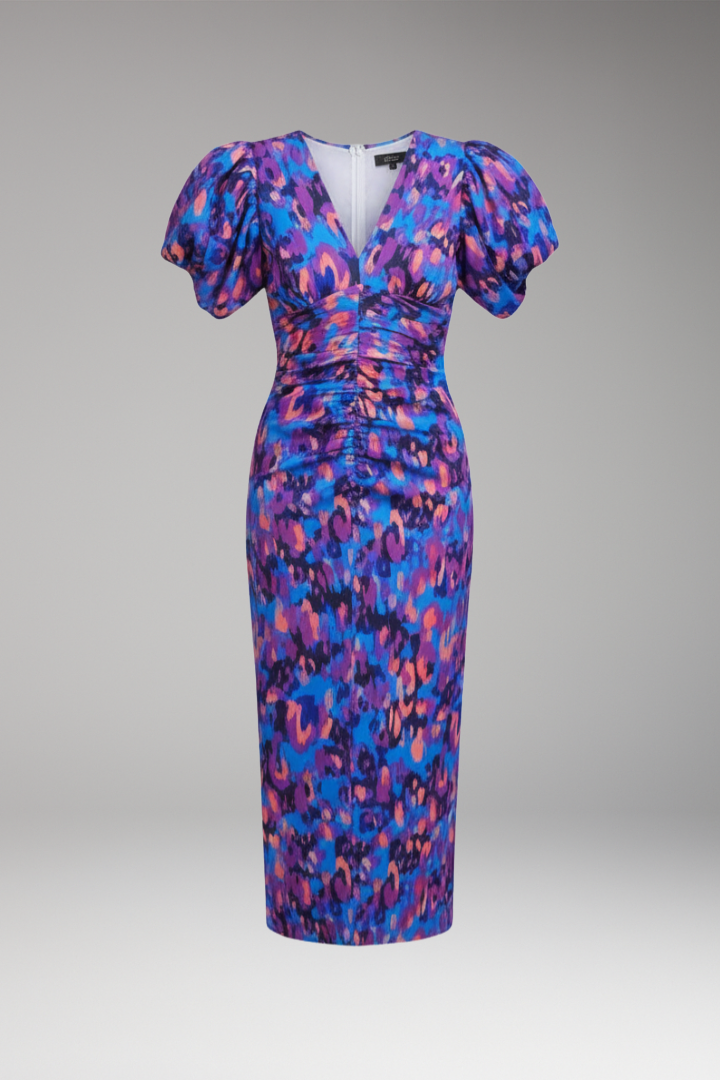 Women's Midi Dress with Puff Sleeves and Printed Pattern