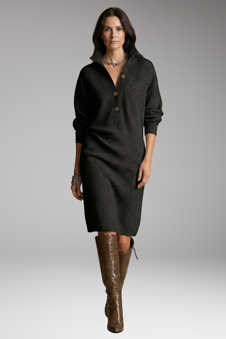 Women's Midi Dress with Ribbed Surface and Buttoned Collar