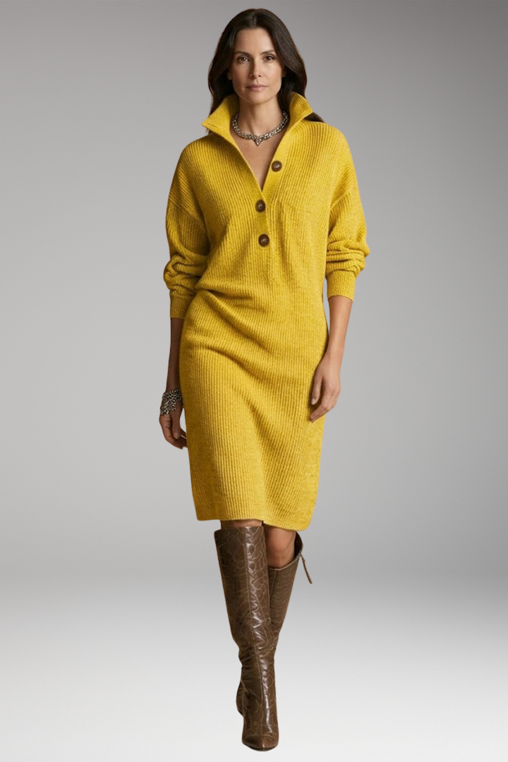 Women's Midi Dress with Ribbed Surface and Buttoned Collar