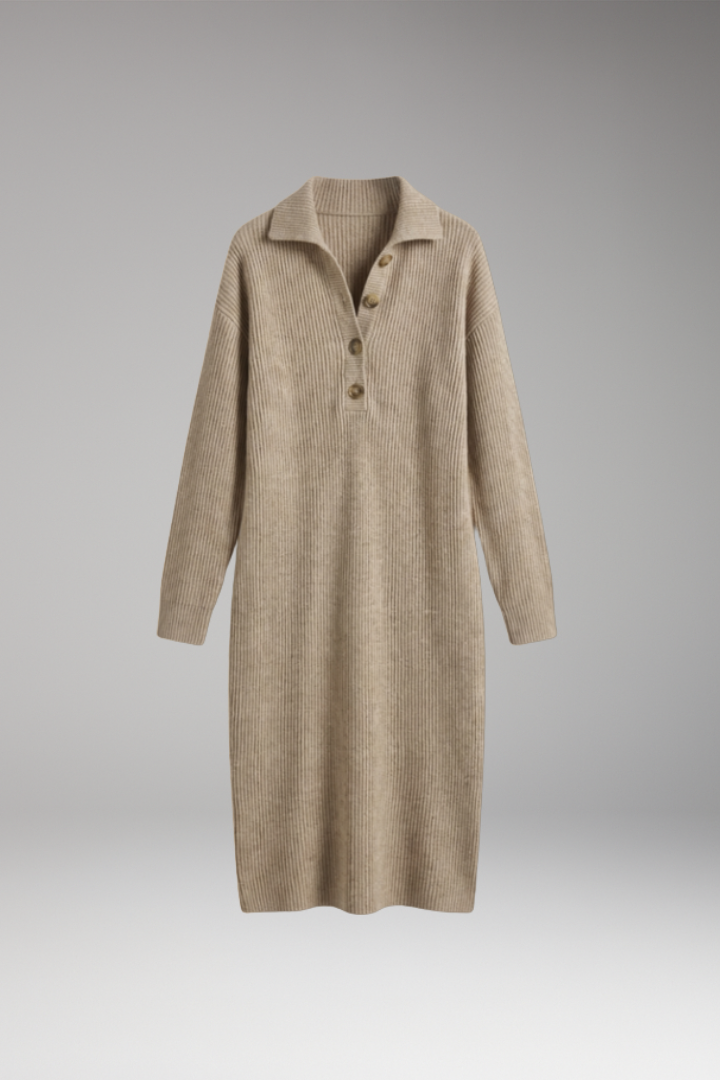 Women's Midi Dress with Ribbed Surface and Buttoned Collar