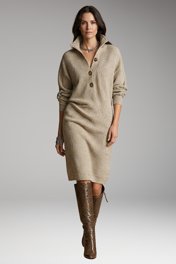 Women's Midi Dress with Ribbed Surface and Buttoned Collar