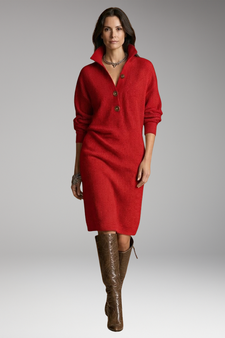 Women's Midi Dress with Ribbed Surface and Buttoned Collar