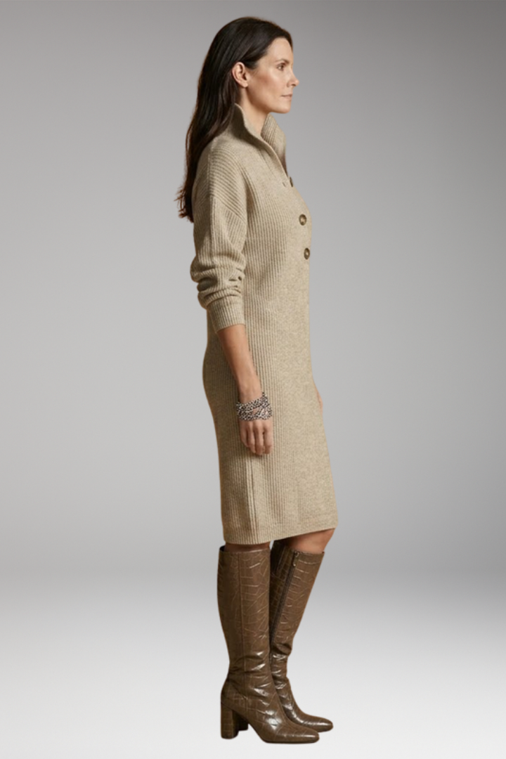 Women's Midi Dress with Ribbed Surface and Buttoned Collar