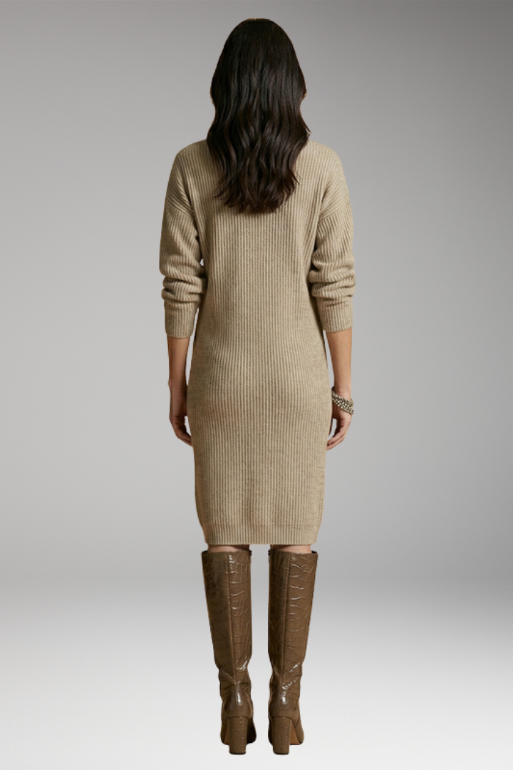 Women's Midi Dress with Ribbed Surface and Buttoned Collar
