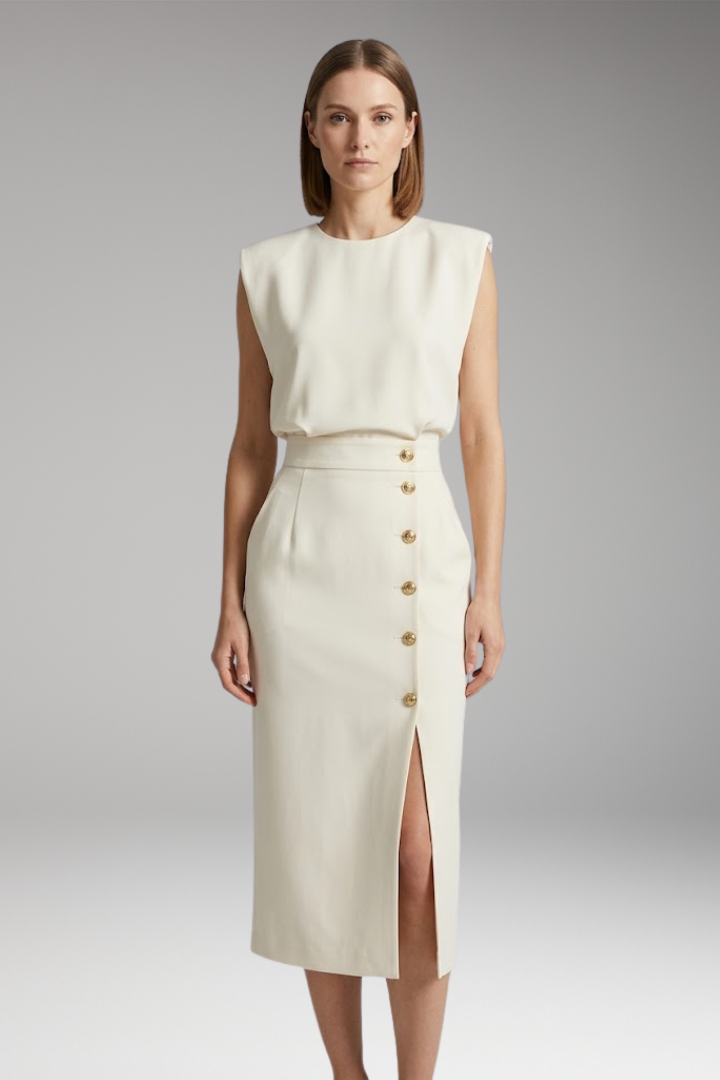 Women’s Midi Dress with Round Neck and Button Front