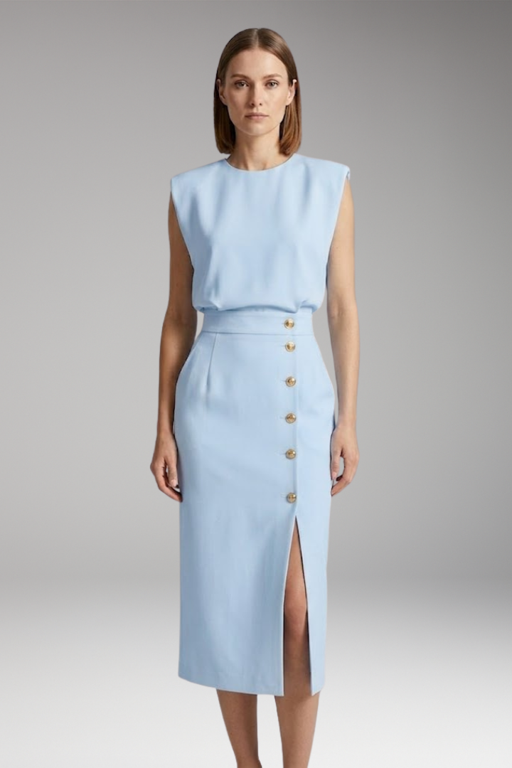 Women’s Midi Dress with Round Neck and Button Front