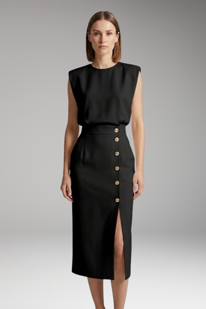 Women’s Midi Dress with Round Neck and Button Front