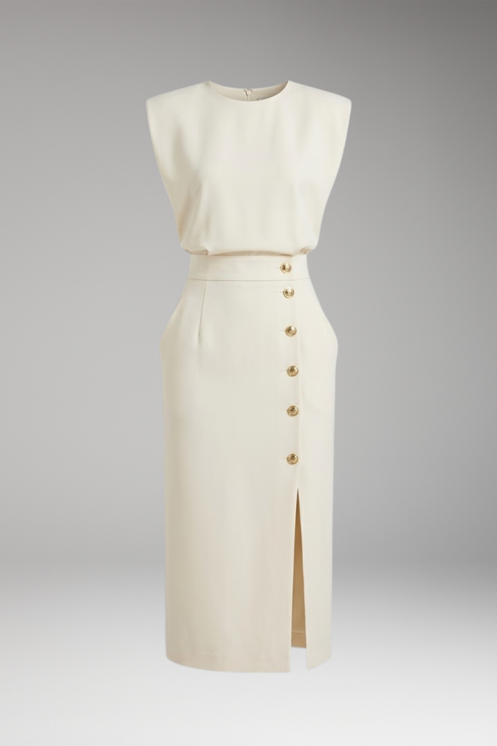 Women’s Midi Dress with Round Neck and Button Front