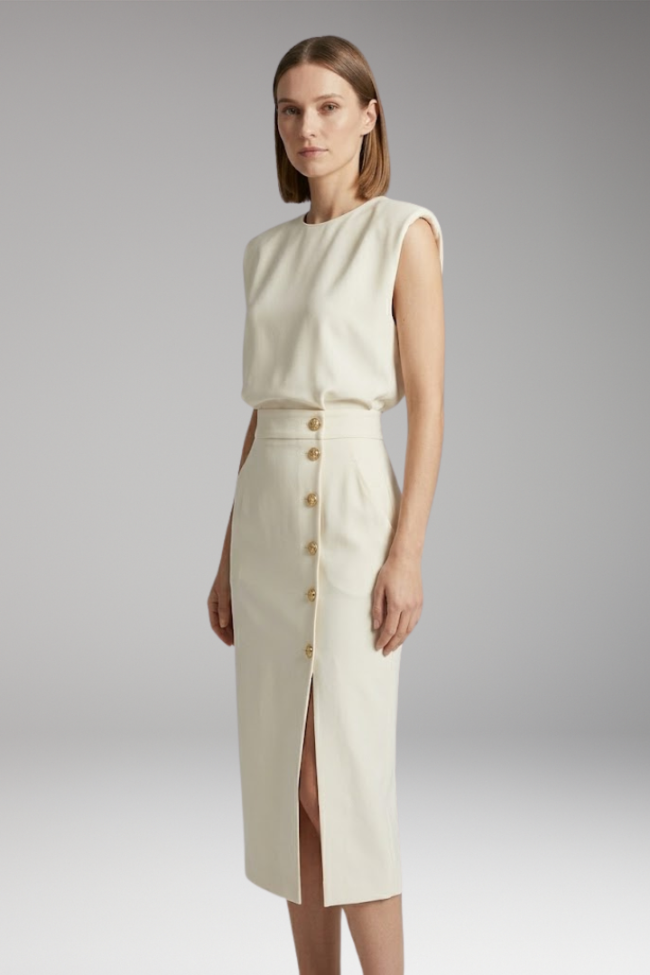Women’s Midi Dress with Round Neck and Button Front
