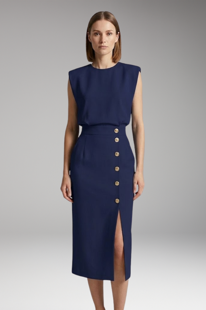 Women’s Midi Dress with Round Neck and Button Front
