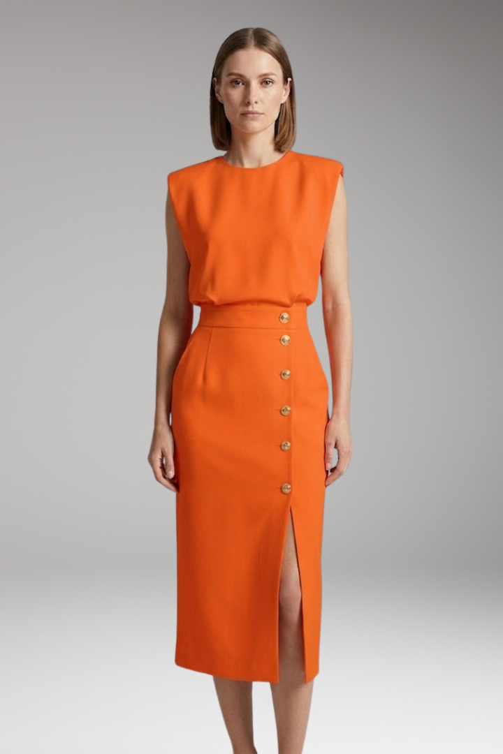 Women’s Midi Dress with Round Neck and Button Front