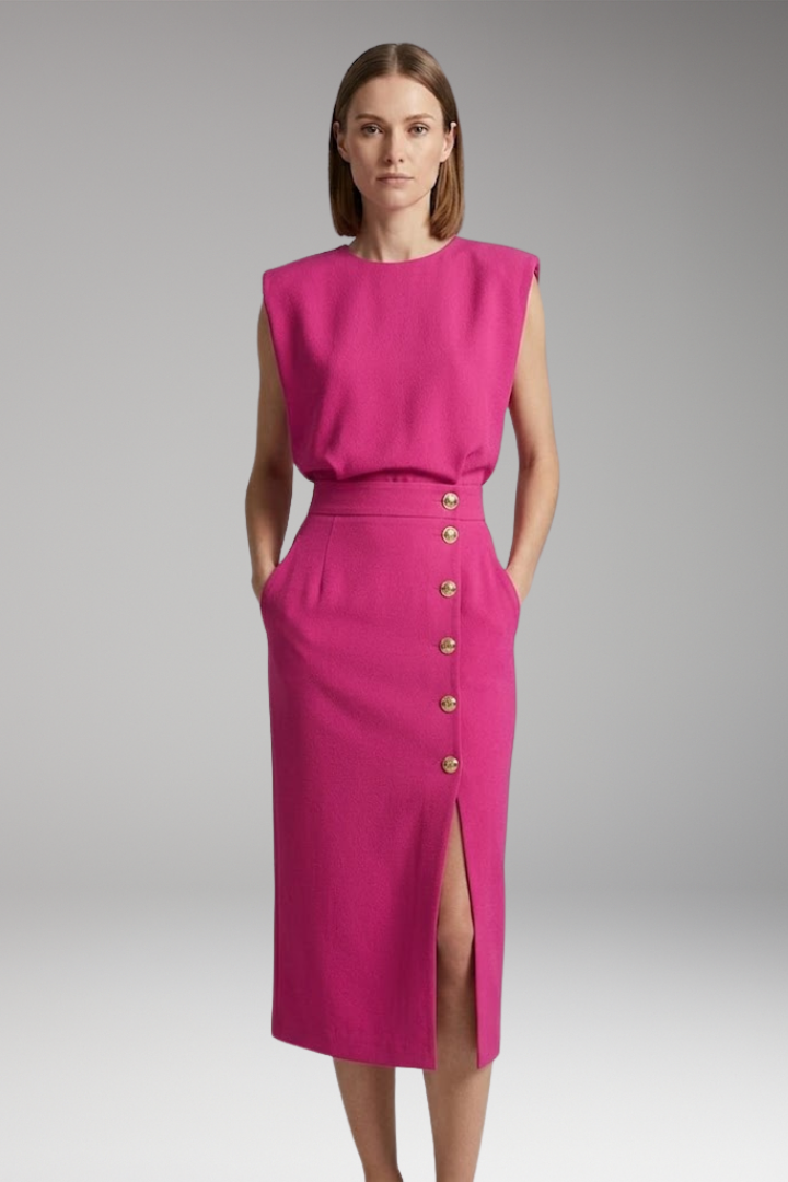 Women’s Midi Dress with Round Neck and Button Front