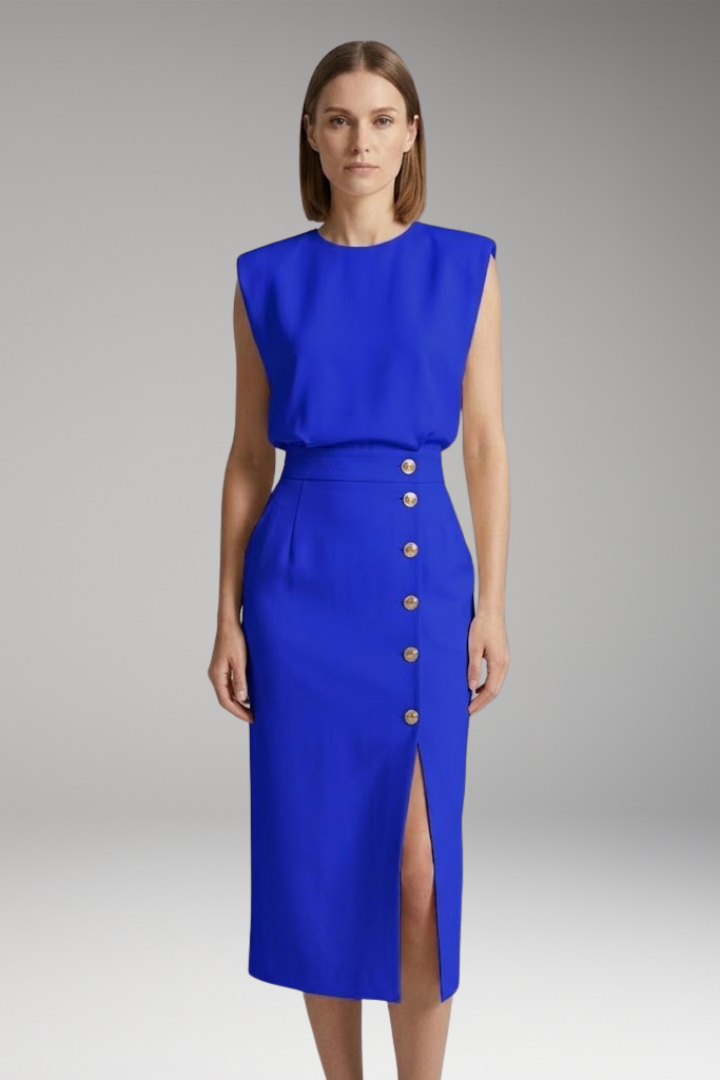Women’s Midi Dress with Round Neck and Button Front