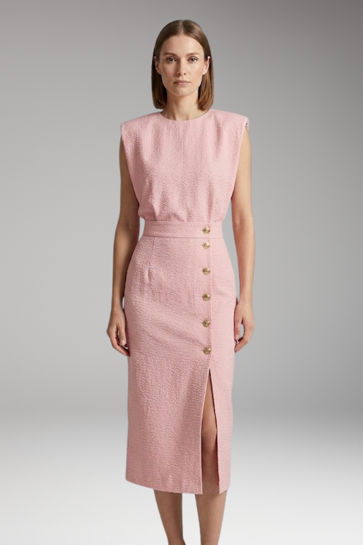 Women’s Midi Dress with Round Neck and Button Front