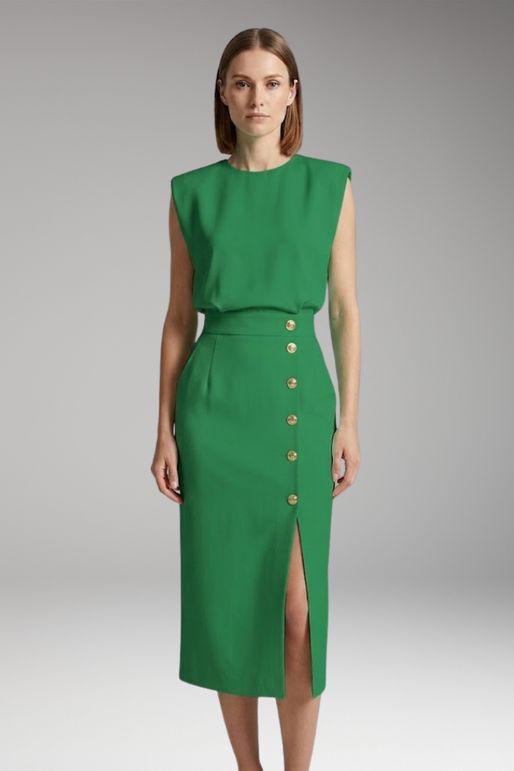 Women’s Midi Dress with Round Neck and Button Front