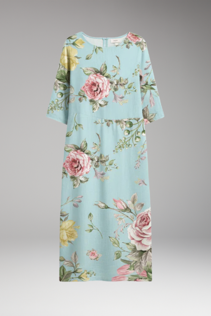 Women's Midi Dress with Round Neck and Floral Pattern