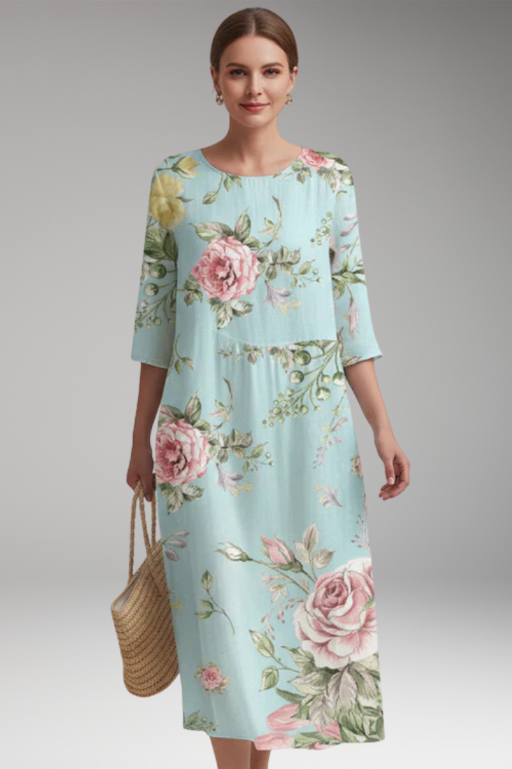 Women's Midi Dress with Round Neck and Floral Pattern