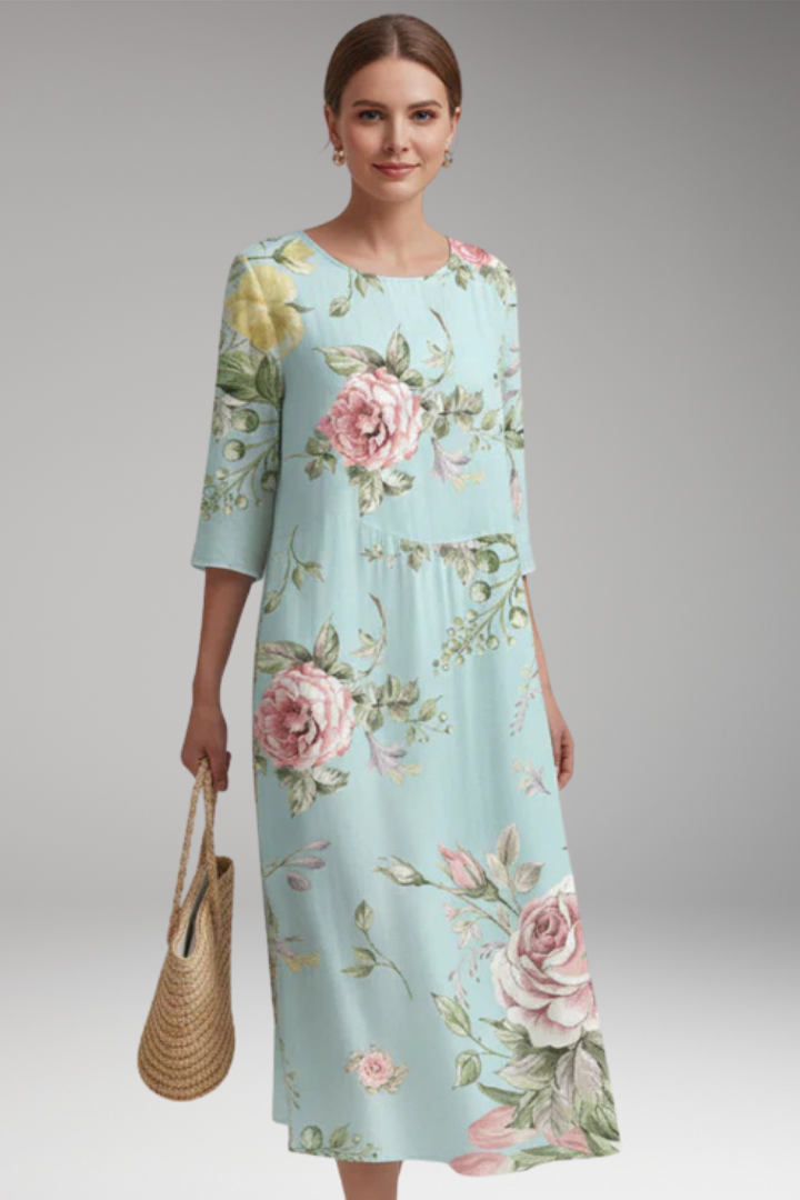 Women's Midi Dress with Round Neck and Floral Pattern