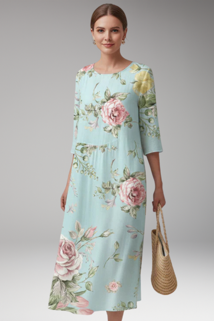 Women's Midi Dress with Round Neck and Floral Pattern