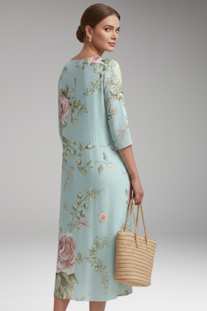 Women's Midi Dress with Round Neck and Floral Pattern