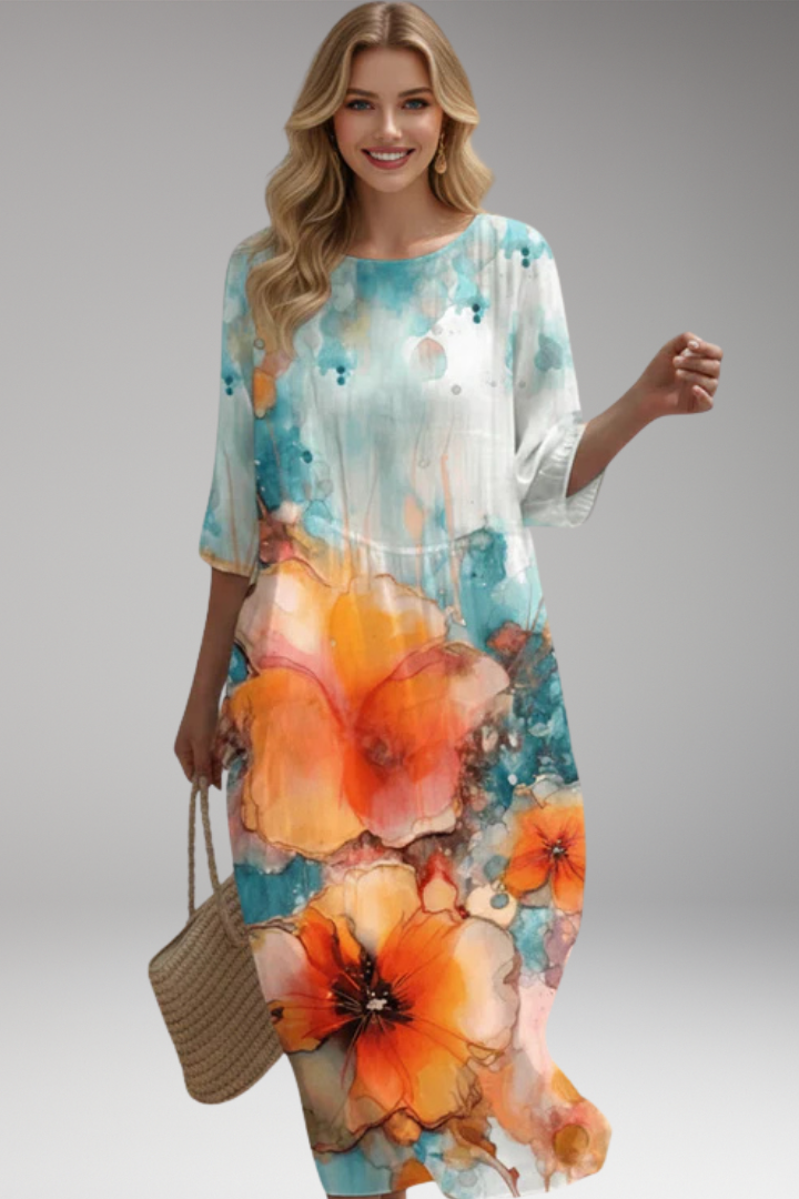 Women's Midi Dress with Round Neck and Floral Pattern