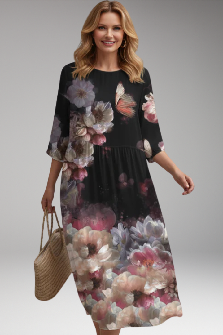 Women's Midi Dress with Round Neck and Floral Pattern