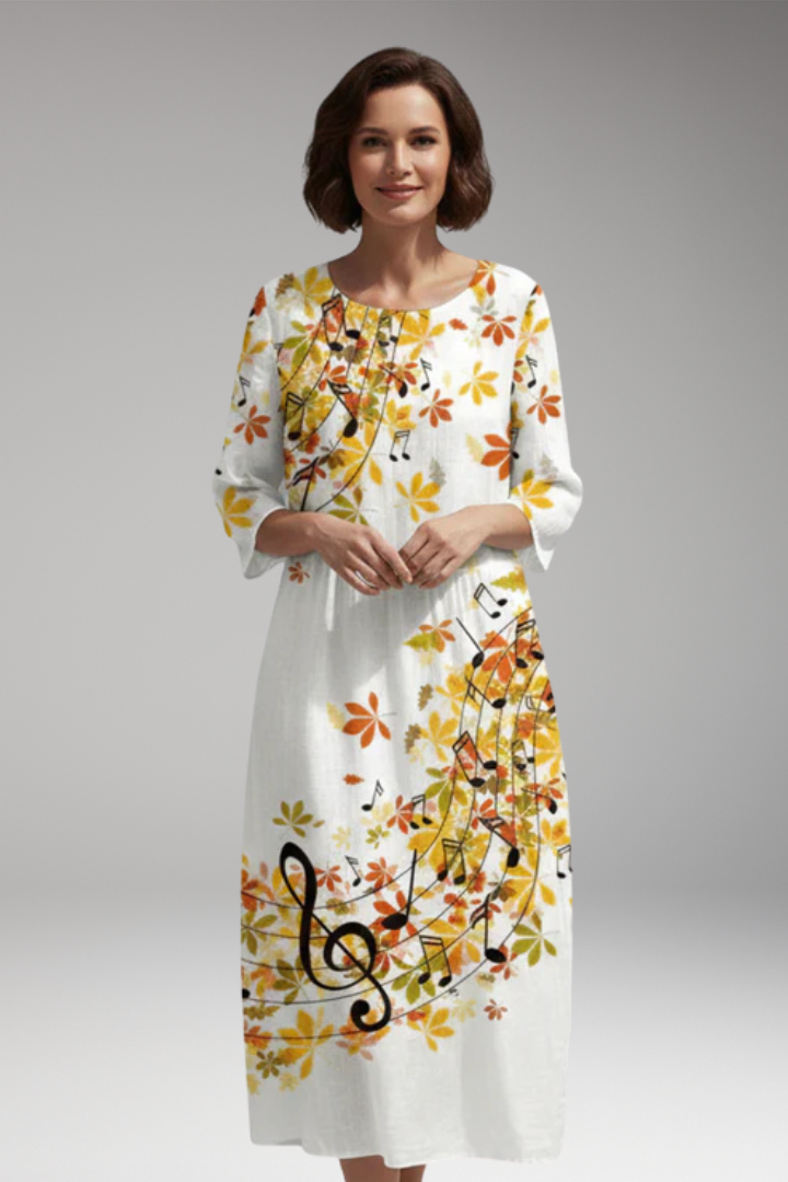 Women's Midi Dress with Round Neck and Floral Pattern