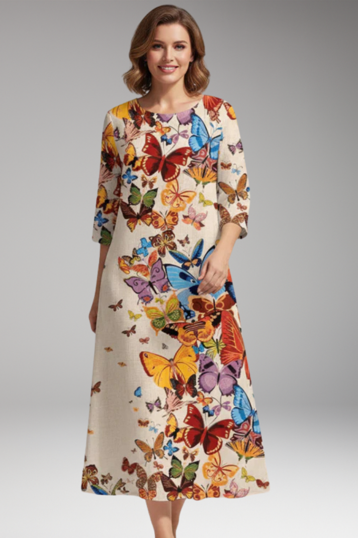 Women's Midi Dress with Round Neck and Floral Pattern