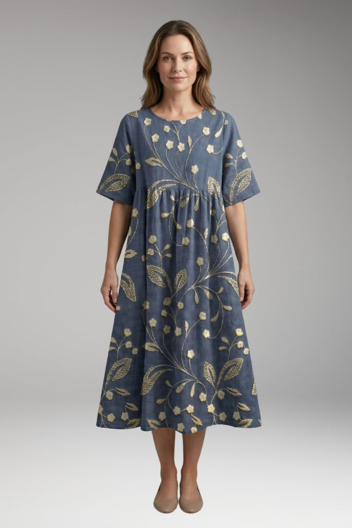 Women’s Midi Dress with Round Neck and Short Sleeves