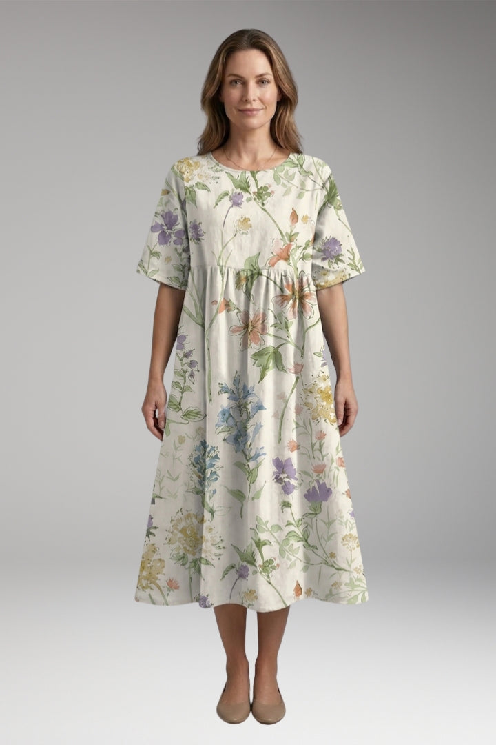 Women’s Midi Dress with Round Neck and Short Sleeves