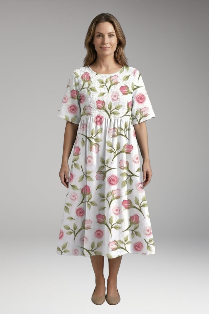 Women’s Midi Dress with Round Neck and Short Sleeves