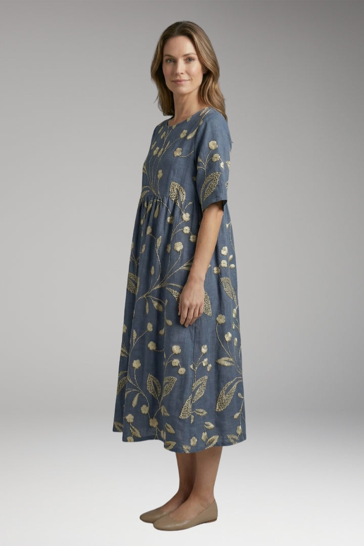 Women’s Midi Dress with Round Neck and Short Sleeves