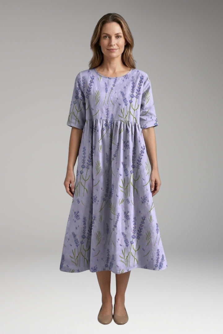 Women’s Midi Dress with Round Neck and Short Sleeves