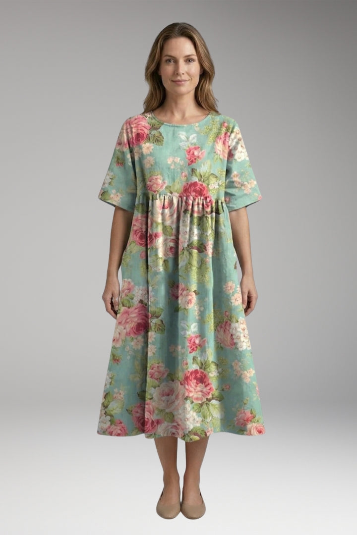 Women’s Midi Dress with Round Neck and Short Sleeves
