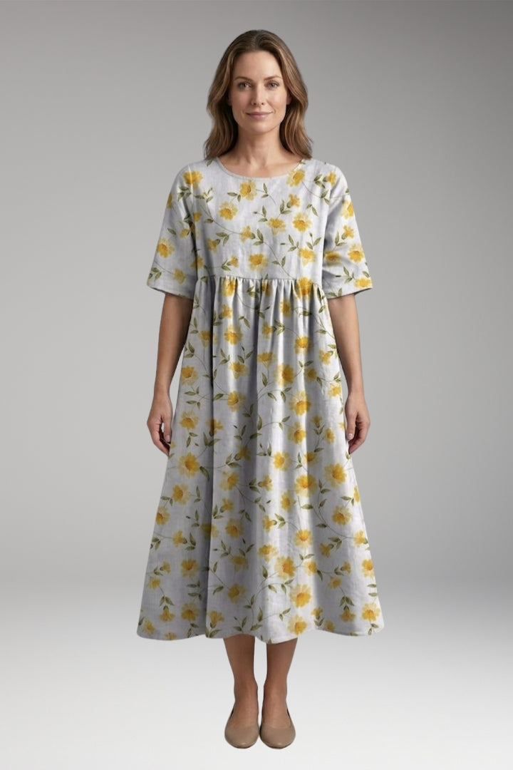 Women’s Midi Dress with Round Neck and Short Sleeves