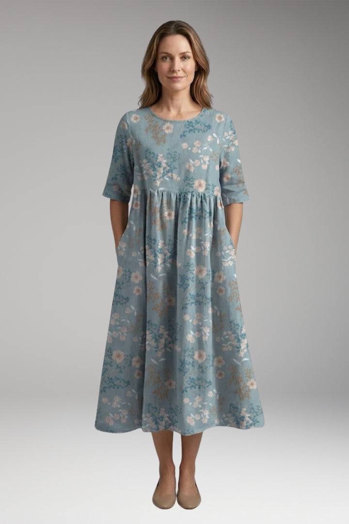 Women’s Midi Dress with Round Neck and Short Sleeves