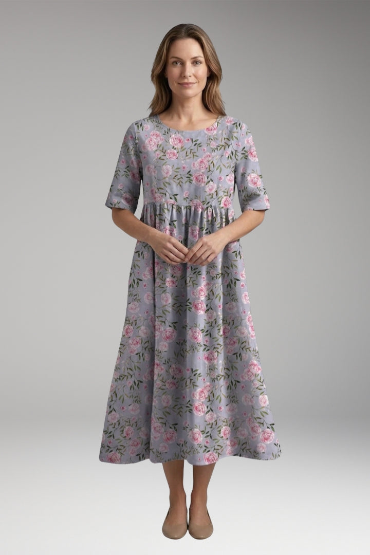 Women’s Midi Dress with Round Neck and Short Sleeves