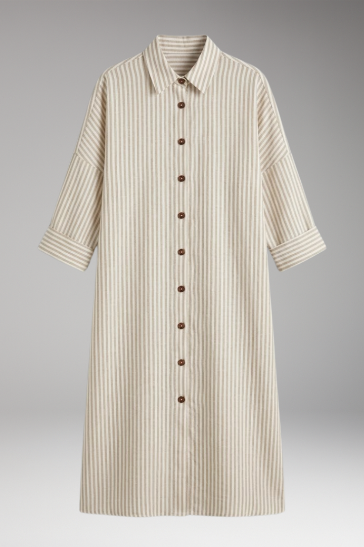 Women’s Midi Dress with Round Neck and Striped Pattern