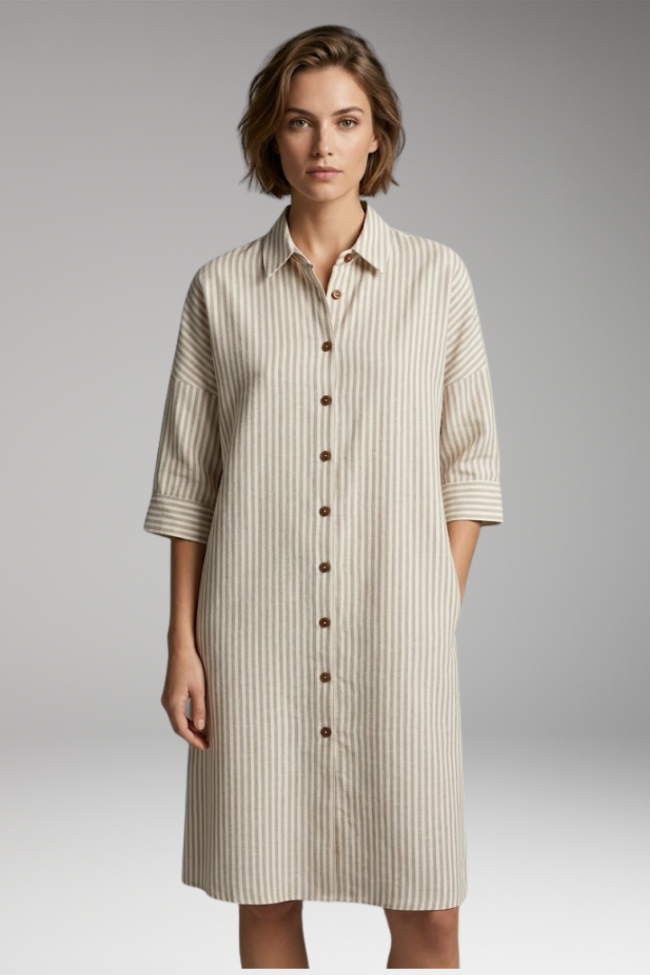 Women’s Midi Dress with Round Neck and Striped Pattern