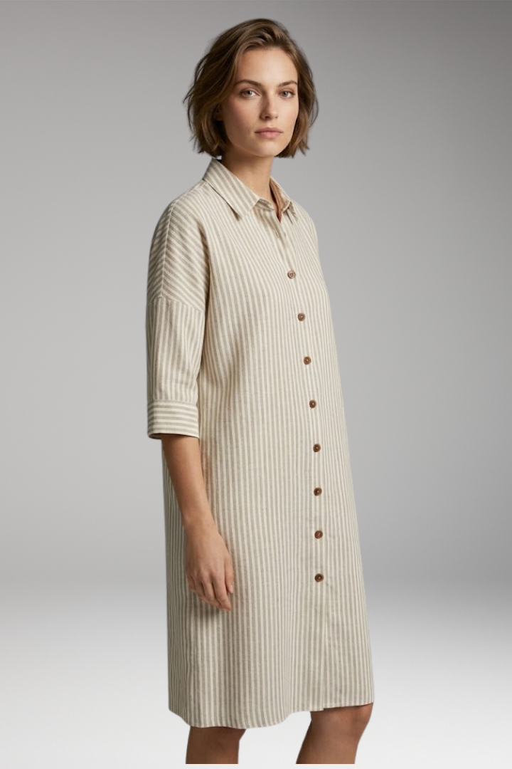 Women’s Midi Dress with Round Neck and Striped Pattern